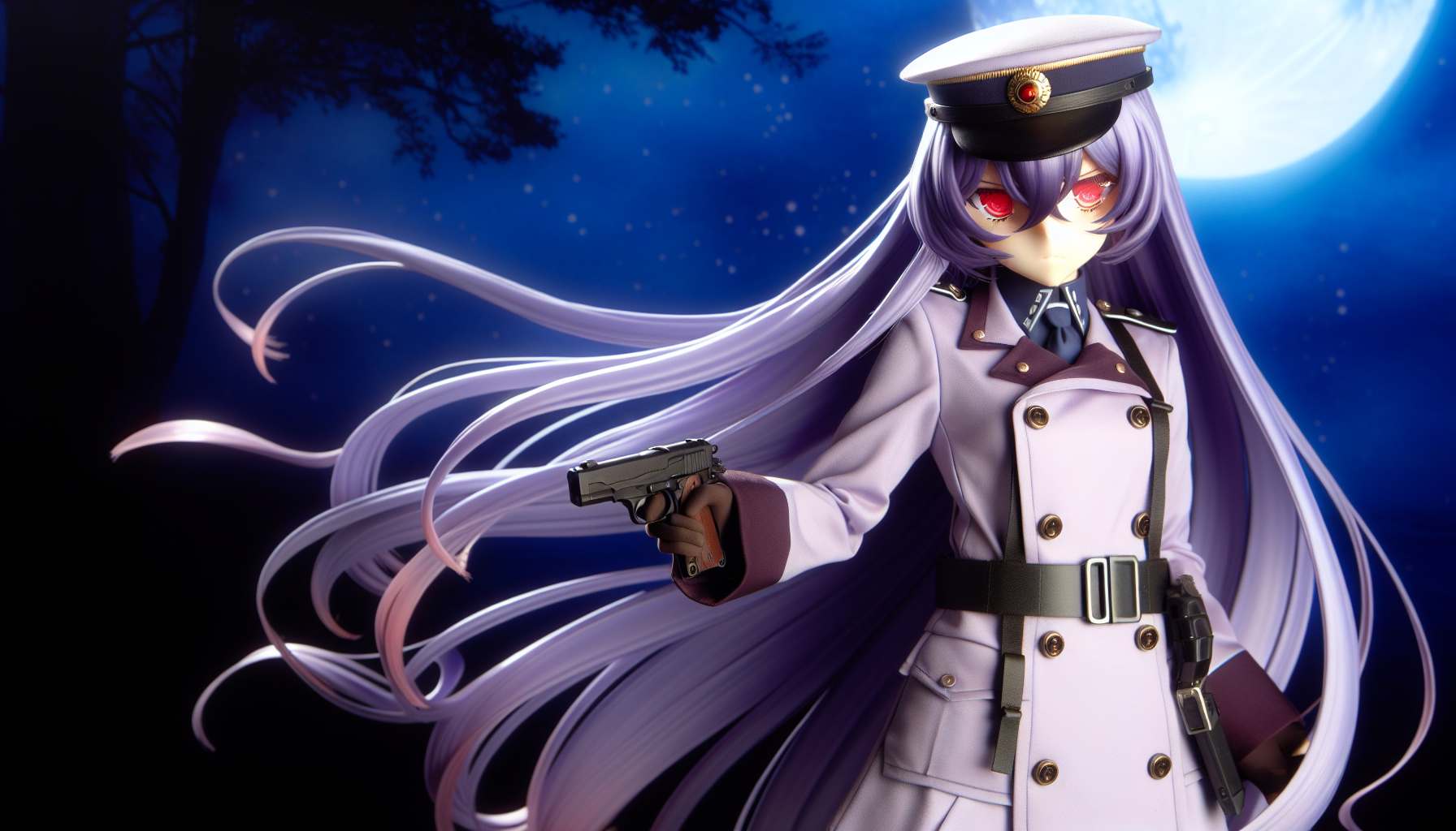 Eine Figur mit langen, fließenden lila Haaren, die eine militärisch angehauchte Uniform mit einem charakteristischen Hut trägt. Sie hat ein Paar rote Augen, die gleichermaßen fesselnd und geheimnisvoll sind. In ihrer Hand hält sie ein kleines, pistolenähnliches Objekt, das wie ein Stück fortschrittlicher Technologie aussieht. Ihre Haltung ist selbstbewusst und unnachgiebig, und sie strahlt eine Aura von Disziplin und Trotz aus. Sie steht vor einer Kulisse von mondbeschienener Wildnis, das ätherische Licht bietet eine dramatische Beleuchtung der Szene.