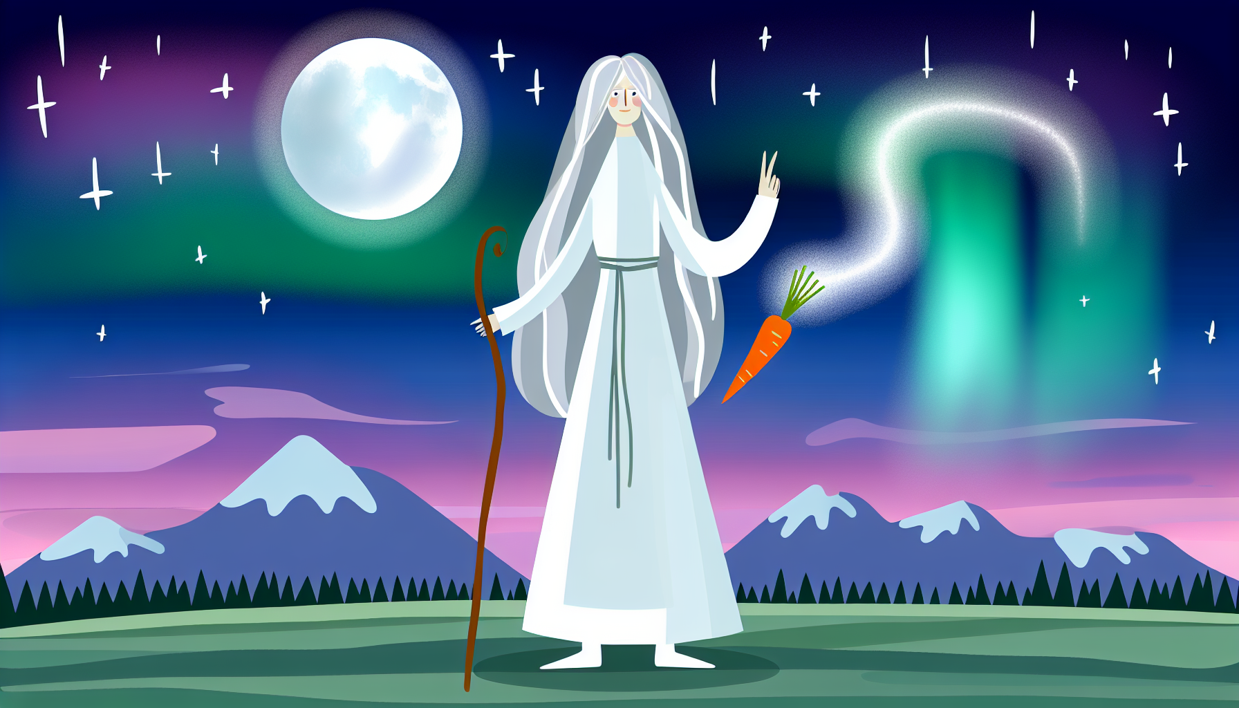 Stellen Sie eine Illustration einer groÃen Frau mit langen, silbernen Haaren dar, die ein traditionelles Outfit trägt. Sie steht unter einem mondbeschienenen Himmel mit leuchtenden Sternen. In ihrer rechten Hand hält sie eine Karotte, und in ihrer linken Hand hält sie einen mystischen Stock, der mit einem schwachen, pulsierenden Licht leuchtet. Im Hintergrund erstrecken sich Berge, und eine pastellfarbene Nordlichter-Aurora füllt die ferne Szenerie hinter ihr aus.