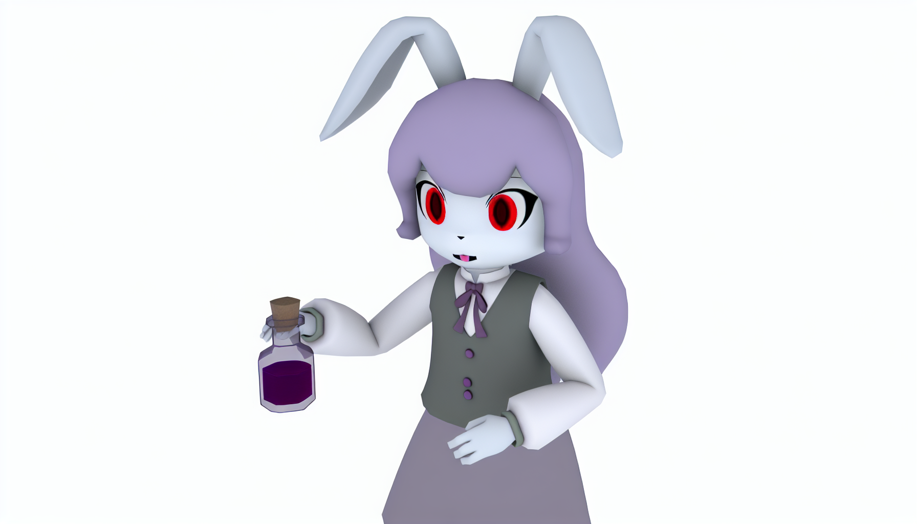 Ein Bild eines humanoiden Hasencharakters mit roten Augen und langen lila Haaren. Sie trägt ein einfaches Kleid mit einem ärmellosen Oberteil und einer Schleife. In ihrer Hand hält sie eine kleine Flasche, die mit einer geheimnisvollen Flüssigkeit gefüllt ist.