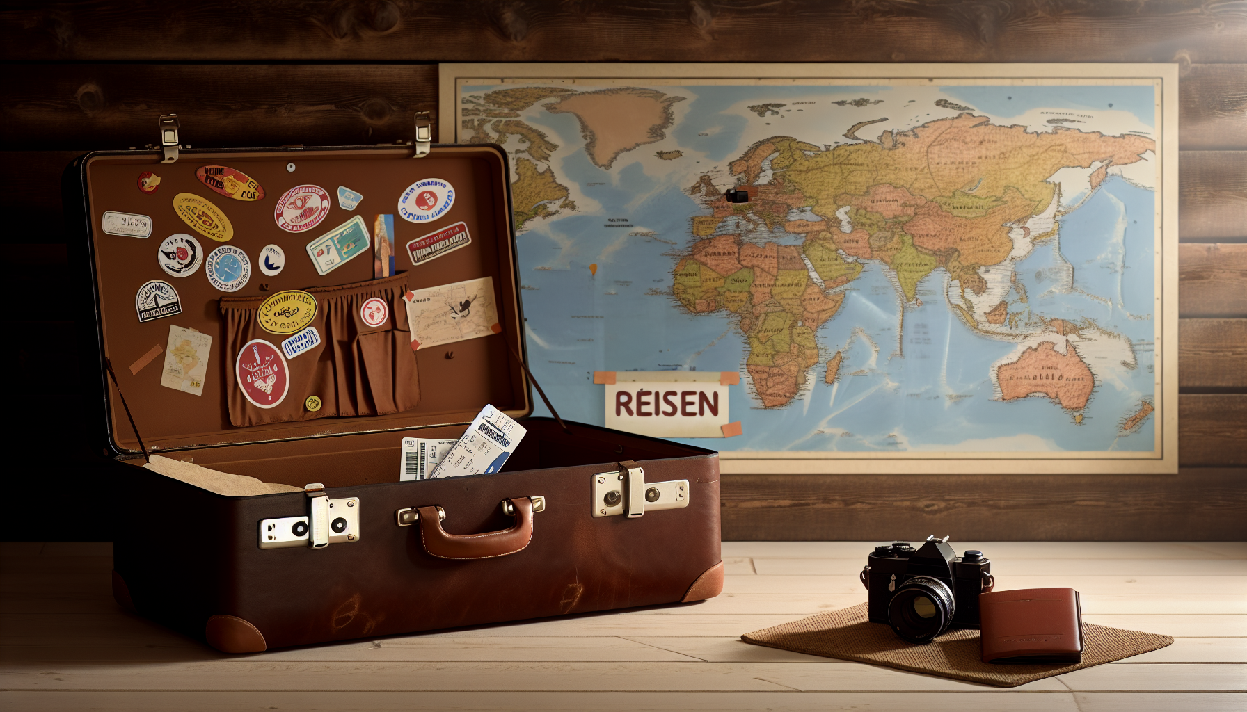 Eine bildliche Interpretation des Begriffs 'Reisen'. Vielleicht eine Szene, die das Wesen des Reisens darstellt, mit einem robusten, braunen Lederkoffer, der mit Reisestickern aus aller Welt verziert ist. Tickets und ein Reisepass blitzen aus einem offenen Fach hervor. In der Nähe hängt eine Weltkarte mit Stecknadeln an verschiedenen Orten an einer rustikalen Wand. Eine Kamera mit Weitwinkelobjektiv liegt neben der Karte und spiegelt den Geist wider, kostbare Reisemomente festzuhalten. Der Raum ist sanft beleuchtet, einladend und gemütlich, was den Komfort und die Aufregung symbolisiert, sich auf eine neue Reise zu begeben.