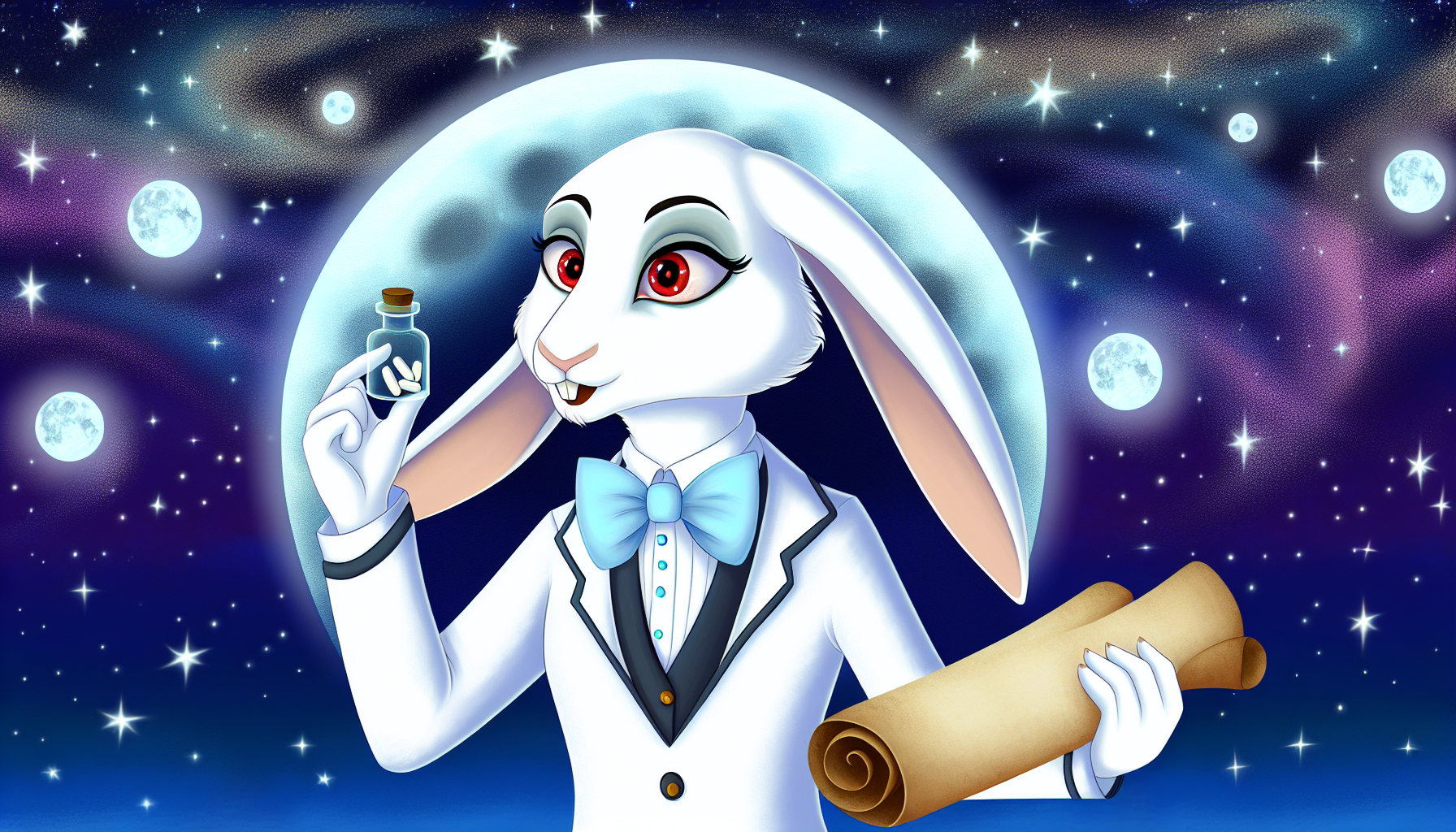 Ein anthropomorpher weißer Hase mit langen Ohren und roten Augen. Sie trägt einen eleganten Business-Anzug mit einer hellblauen Fliege. In einer Hand hält sie eine Medizinampulle und in der anderen eine alte Schriftrolle. Der Hintergrund zeigt eine wunderschön dargestellte magische Mondnacht mit einem vollen Mond und unzähligen Sternen.