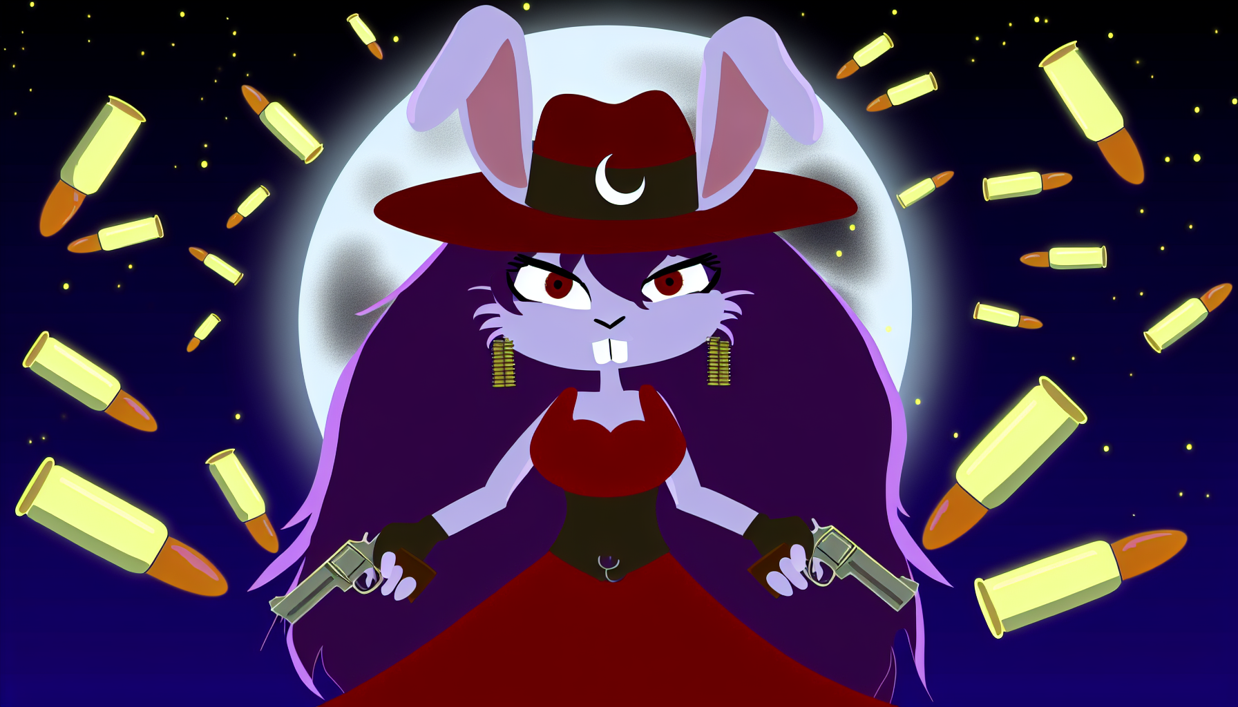 Ein anthropomorpher Hasencharakter mit langen lila Haaren, der ein rotes Kleid und einen Hut mit einem Halbmond trägt, hält eine Waffe. Der Charakter steht in einer mondbeschienenen Nacht, umgeben von leuchtenden Kugeln.