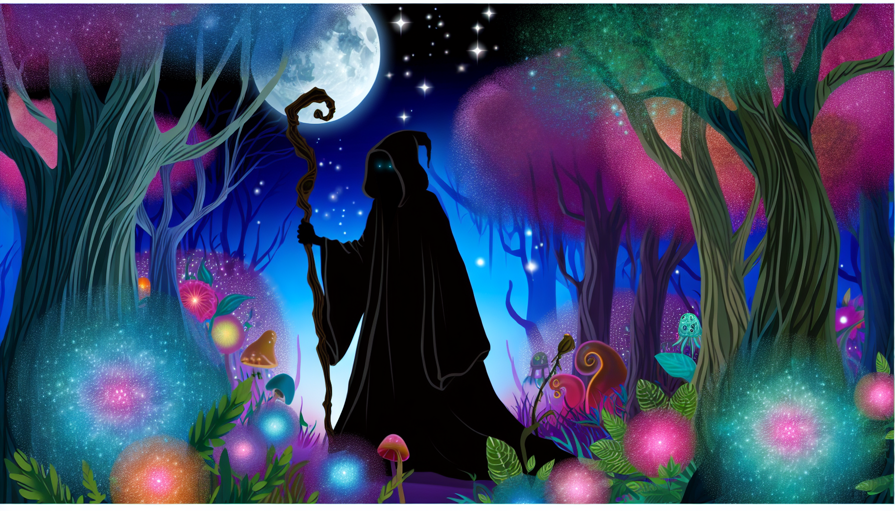 Illustrieren Sie eine fantastische Szene eines verhüllten Charakters, der in einem verzauberten Wald reist. Die Silhouette der Figur ist in das Geheimnis ihres Umhangs gehüllt, wobei nur das Glitzern ihrer Augen sichtbar ist. Die Figur hält einen alten Stab, um ihre Reise zu unterstützen. Um die Figur herum blüht der Wald mit mystischen, strahlenden Blumen, die in überirdischen Farbtönen leuchten. Lebendige, magische Kreaturen huschen zwischen den Bäumen umher und verleihen der Szene ein verspieltes Element. Der Mond strahlt sein ätherisches Licht vom sternenübersäten Himmel aus und schafft eine surreale und bezaubernde Bildsprache.