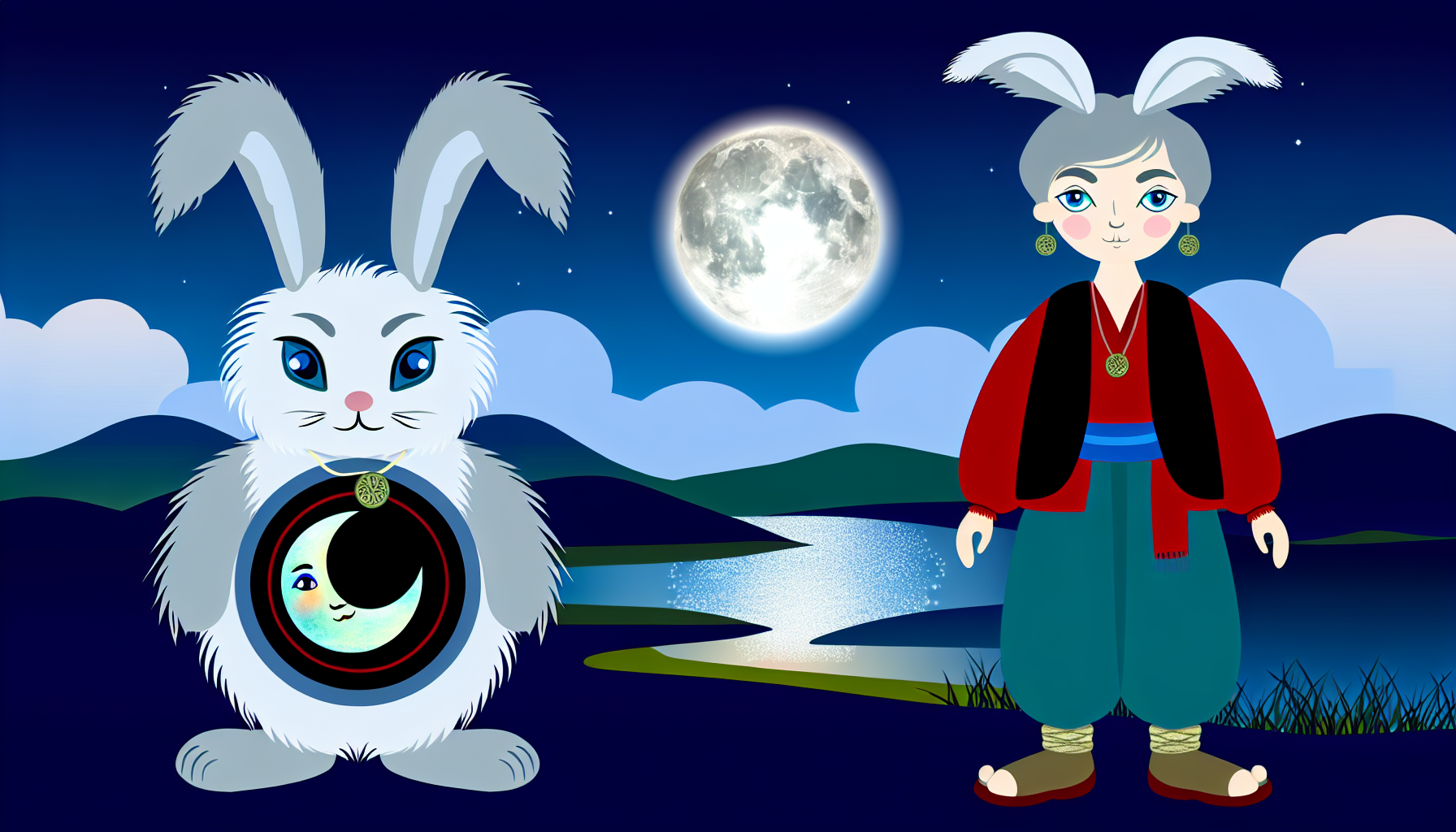 Eine Illustration eines Mondkaninchens. Verwenden Sie folkloristische Elemente und präsentieren Sie diese Figur in traditioneller Kleidung, mit einem roten Hemd und blauen Hosen. Das Mondkaninchen sollte flauschige Ohren und ein mondförmiges Amulett tragen. Umgeben Sie es mit einem ruhigen Nachthimmel und einem leuchtenden Vollmond. Die Landschaft sollte friedlich sein, mit einem fernen Blick auf Berge und dem glitzernden Spiegelbild des Mondes auf einem nahegelegenen See.
