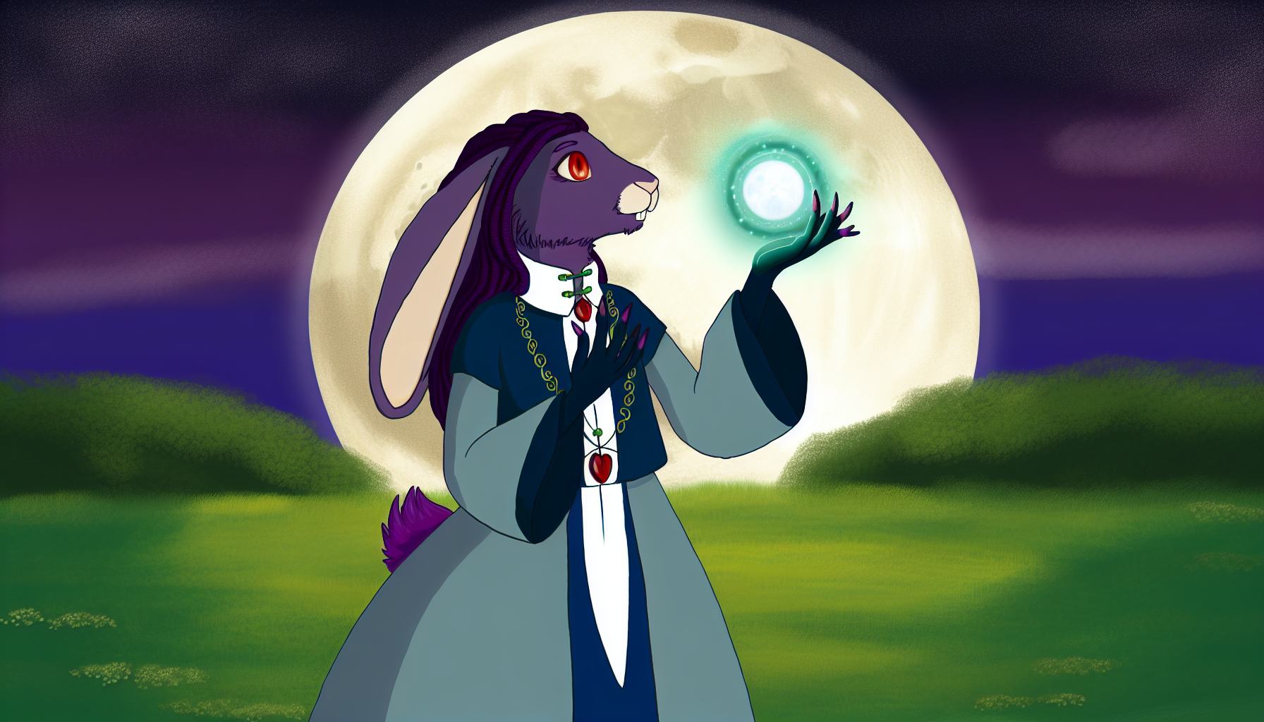 Ein anthropomorpher Hase mit langen lila Haaren und roten Augen trägt ein dunkelblaues und weißes Kleid. Ihre linke Hand ist erhoben und hält eine magische Kugel, die mit einem intensiven weißen Licht leuchtet. Sie steht in einem idyllischen, grasbewachsenen Feld mit dem Mond hoch am Nachthimmel.