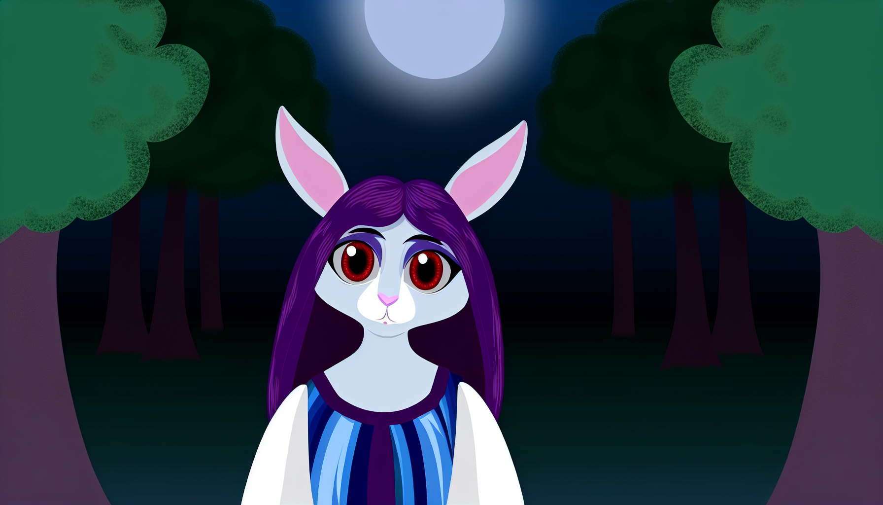 Ein Bild eines anthropomorphen Kaninchens mit langen lila Haaren und roten Augen, das ein Kleid aus blauem und weiÃem Stoff trägt. Sie steht in einem ruhigen Wald, umgeben von Mondlicht, das sie von oben beleuchtet.