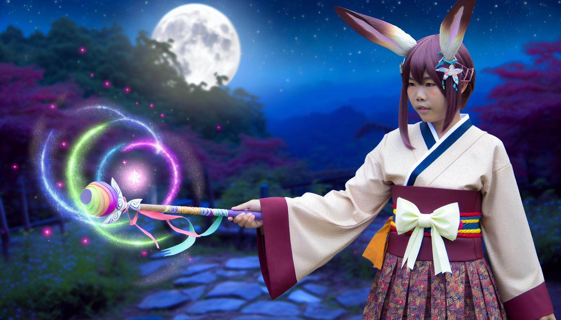 Stellen Sie sich eine originelle weibliche humanoide Figur mit hasenähnlichen Merkmalen vor, wie langen Ohren. Sie trägt ein traditionelles japanisches Cosplay-Outfit mit einer Schleife am Rücken und hält einen bunten magischen Zauberstab. Der Mond strahlt hell im Hintergrund, während eine friedliche Nacht die Szenerie umhüllt.
