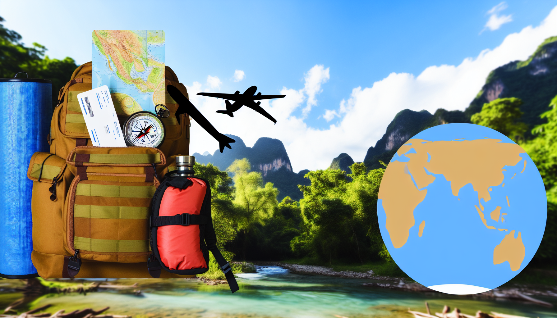 Erstelle ein Bild, das eine Reise oder das Reisen widerspiegelt. Stelle dir einen Rucksack mit einer Weltkarte, einem Kompass und Reiseutensilien wie einem Schlafsack und einer Wasserflasche vor. Ein Flugticket steckt aus einem der Fächer des Rucksacks. Der Hintergrund zeigt eine malerische Landschaft mit Bergen in der Ferne, einem fließenden Fluss und einem üppigen Wald.