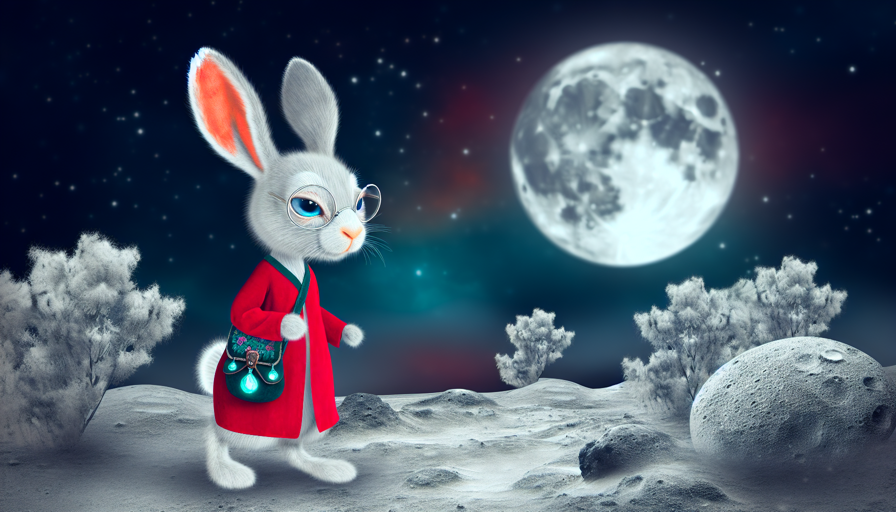 Ein fantastisches Bild eines Mondkaninchens, das durch eine mondbeschienene Nacht reist. Das Kaninchen wäre anthropomorphisiert, steht aufrecht auf seinen beiden Hinterbeinen und trägt einen leuchtend roten Umhang sowie eine Tasche voller mystischer himmlischer Gegenstände. Die Augen des Kaninchens wären intelligent und kreativ, hell leuchtend im sanften silbernen Mondlicht. Der Hintergrund besteht aus einer traumhaften Mondlandschaft mit kreidigen grauen Kratern, buschigen, fremdartigen Pflanzen und einem Himmel, der mit Sternen bemalt ist.