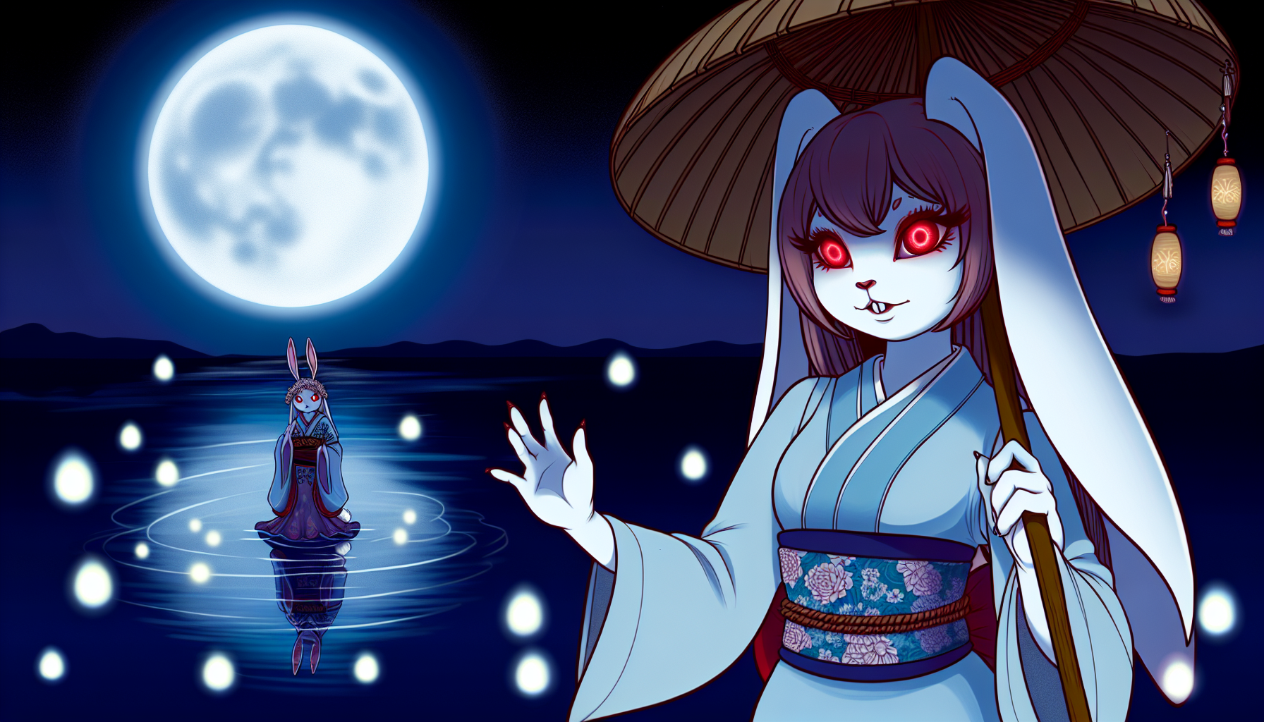 Stellen Sie eine mondbeschienene Szene dar, in der ein anthropomorpher Hase mit scharlachroten Augen und langen, schlaffen Ohren zu sehen ist. Der Hase trägt ein hellblaues und weißes Outfit, das traditioneller Schreinmädchenkleidung ähnelt. Sie hält einen hölzernen Zepter in der Hand. Im Hintergrund befindet sich ein ruhiger, stiller See, in dem der Mond gespiegelt wird. Eine ätherische, fantastische Aura umgibt sie. Um sie herum schweben leuchtende Lichtkugeln, die ein schwaches Glühen in der gespenstischen Stille ausstrahlen.