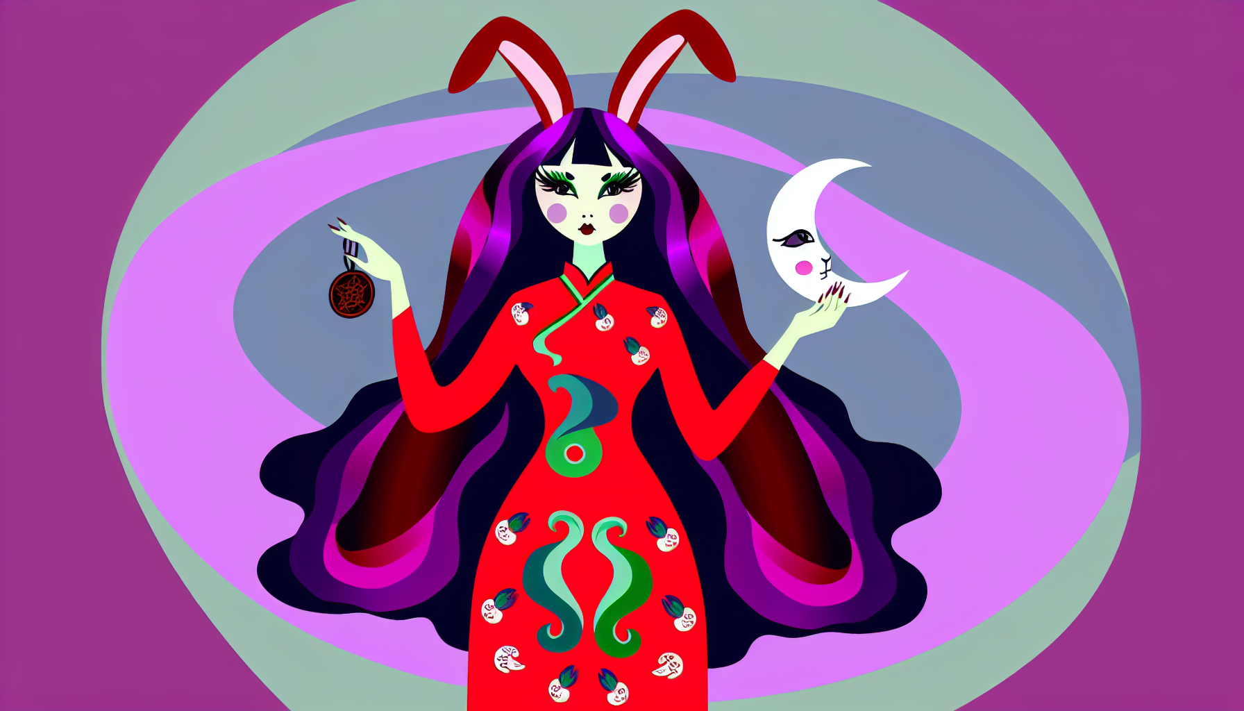 Eine Illustration einer Frau, die ein kostüm mit Hasenmotiv trägt, mit langen lila Haaren, die hinter ihr herfließen. Sie trägt ein orientalisch inspiriertes Kleid, das in verschiedenen Rottönen gehalten ist und mit Mond- und Hasenmuster verziert ist. In ihrer Hand hält sie ein kleines Amulett. Eine mystische und übernatürliche Aura umgibt sie.