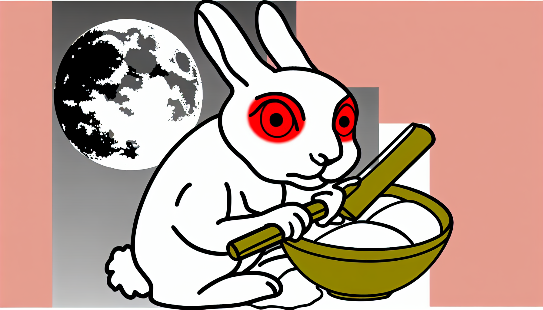 Stellen Sie sich einen Hasen auf dem Mond vor, inspiriert von östlicher Folklore, bekannt für seine Weisheit und ruhige Art. Er hat leuchtend rote Augen, die in ihrer Intensität verblüffen, und lange, schlaffe Ohren. Man sieht ihn häufig bei verschiedenen Aufgaben, wie zum Beispiel beim Herstellen von Mochi mit einem Holzhammer und einer Steinschüssel.