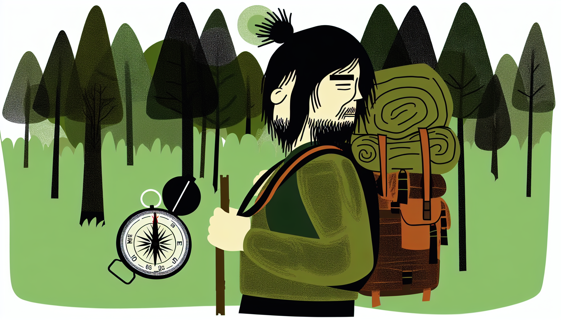 Eine Illustration eines einsamen Reisenden, dargestellt als asiatischer Mann mit schulterlangen, nach hinten gebundenen Haaren, der Outdoor-Ausrüstung trägt und einen abgenutzten Rucksack auf dem Rücken hat. Er navigiert an einem sonnigen Nachmittag durch einen dichten Wald. Neben ihm hält er einen Kompass in der Hand, um seine Richtung zu finden.