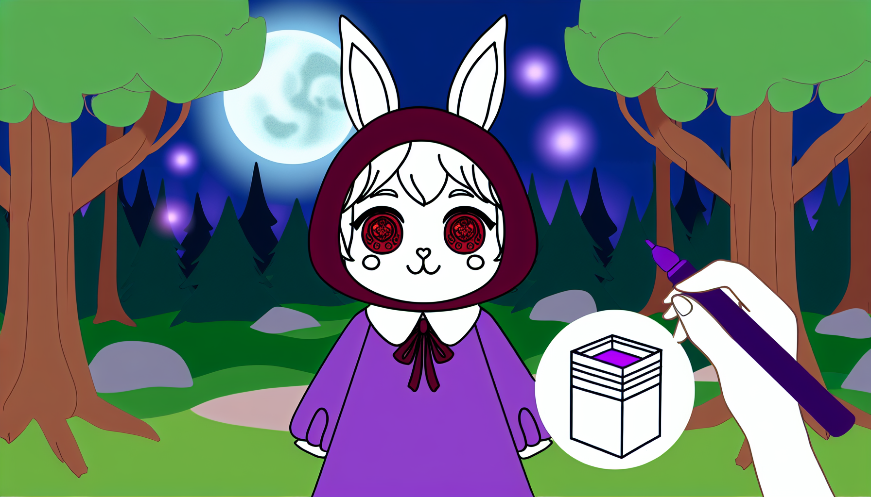 Ein Bild eines Charakters mit Hasenohren und roten Augen. Der Charakter trägt ein lila Kleid mit einem weißen Kragen und hält in einer Hand eine Schachtel mit Medizin. Zeichne diesen Charakter umgeben von einem ruhigen und magischen, mondbeschienenen Wald.